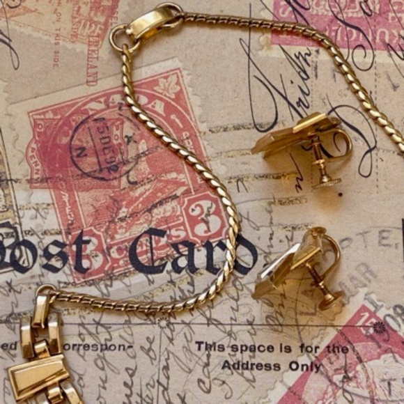 VINTAGE LUSTERN Set Necklace Collar Earrings Screw Back Gold - Picture 4 of 11